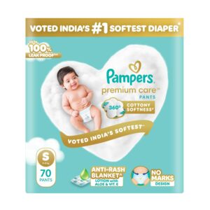 Pampers Premium Care Pant Style Baby Diapers S 70 Count | No Marks Design | Voted India’s #1 Softest Diaper | All in 1 diaper with 360 Cottony Softness